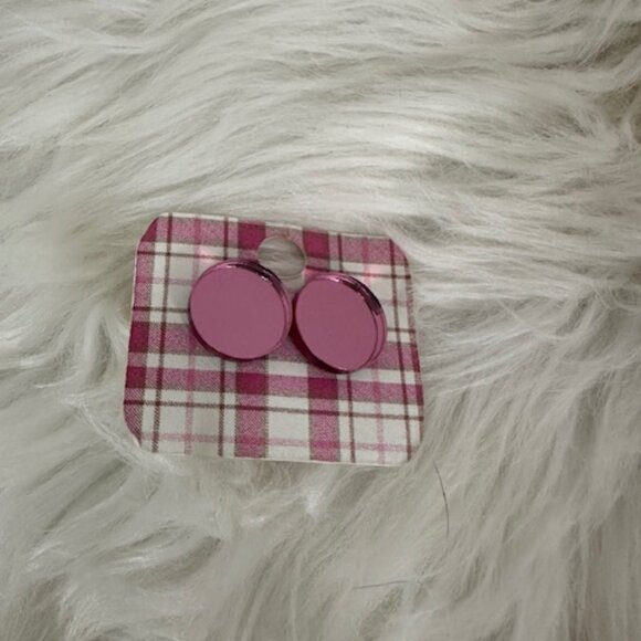Pink Mirror Circle Stud Earrings Handmade  8717 - Picture 3 of 3
